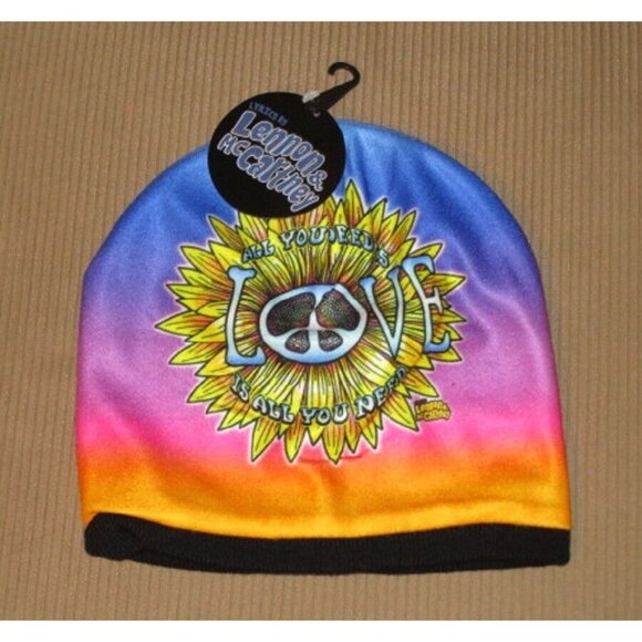 New Hat All You Need is Love Beanie Winter Lennon McCartney Beatles Flower NWT - Picture 2 of 2